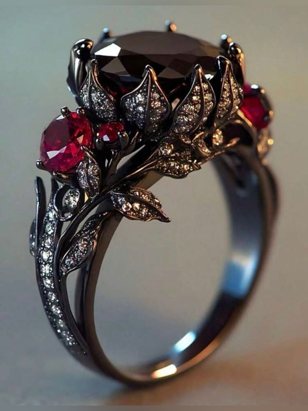 Italian Luxury Jewelry Black Spinel Simulated Ring Red Stones Size 8